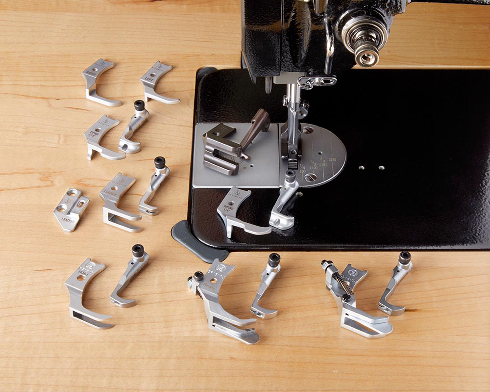 The various presser feet compatible with the Sailrite Fabricator Sewing Machine.
